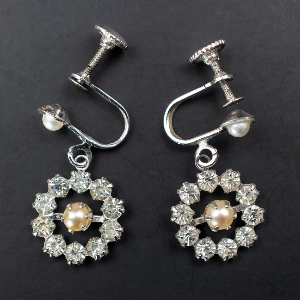 Rhinestone and pearl dangle earrings silver, old fancy crystal earrings vintage